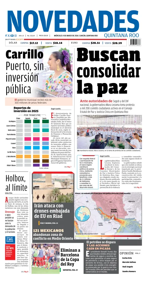 Portada de Novedades Quintana Roo del miércoles, 4 de marzo de 2026