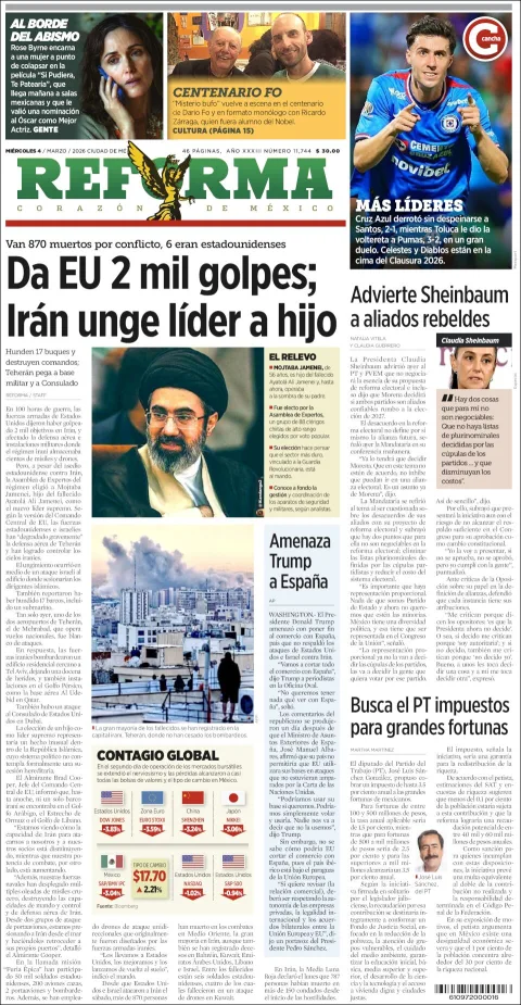 Portada de Reforma del miércoles, 4 de marzo de 2026