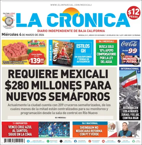 Portada de La Cronica del miércoles, 4 de marzo de 2026