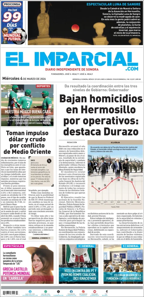 Portada de El Imparcial del miércoles, 4 de marzo de 2026