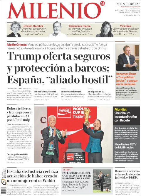 Portada de Milenio del miércoles, 4 de marzo de 2026