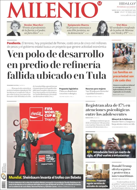 Portada de Milenio Hidalgo del miércoles, 4 de marzo de 2026