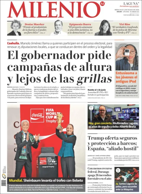 Portada de Milenio Laguna del miércoles, 4 de marzo de 2026