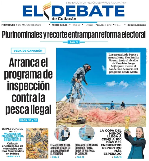 Portada de El Debate de Culiacan del miércoles, 4 de marzo de 2026