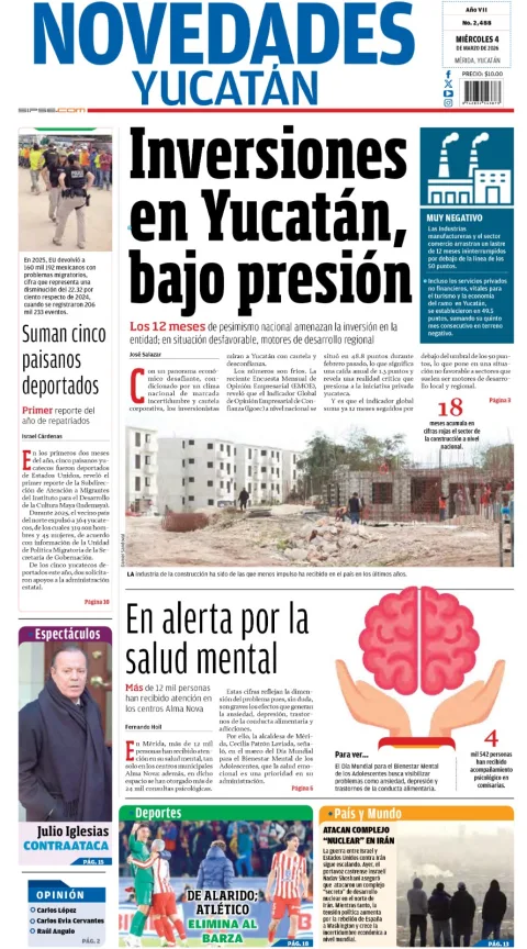 Portada de Novedades Yucatan del miércoles, 4 de marzo de 2026
