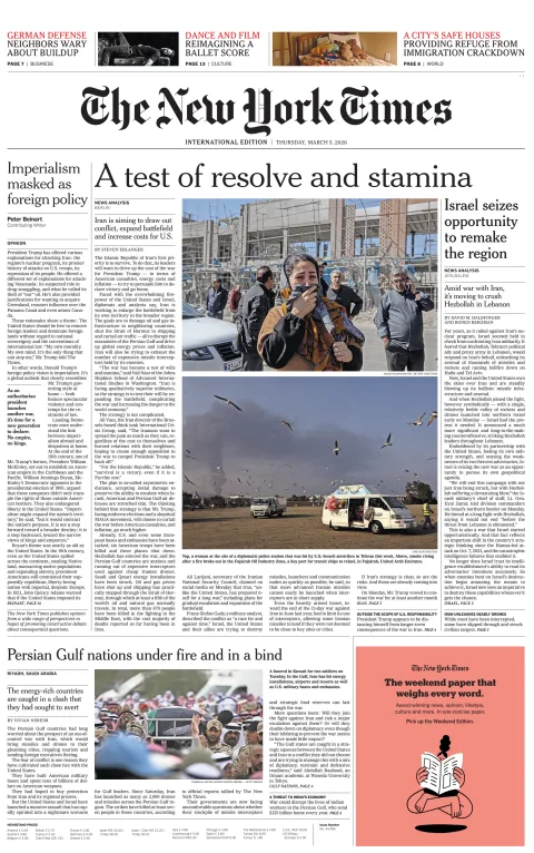 Portada de The New York Times (international) del jueves, 5 de marzo de 2026