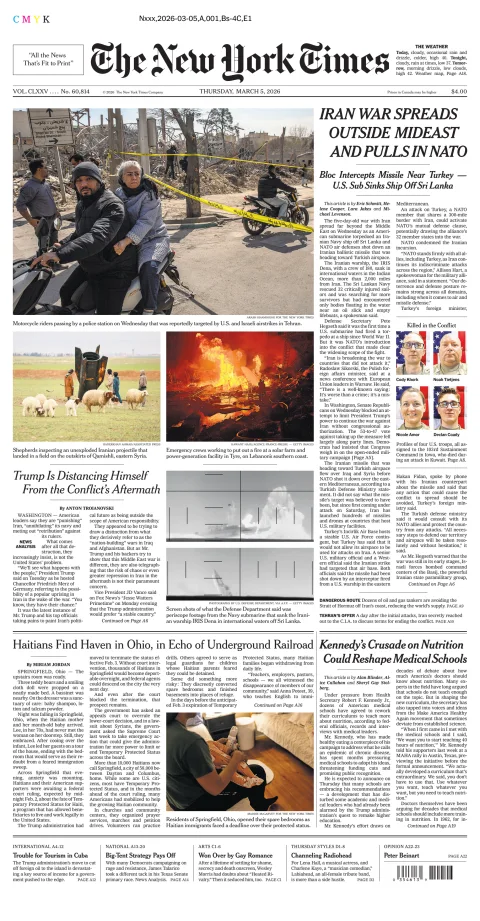 Portada de The New York Times (new York) del jueves, 5 de marzo de 2026