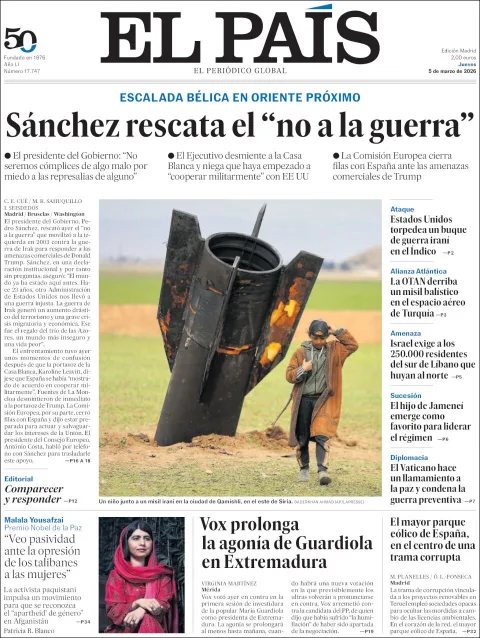 Portada de El Pais del jueves, 5 de marzo de 2026