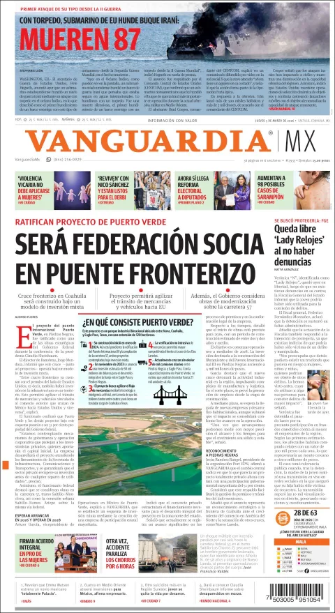 Portada de Vanguardia del jueves, 5 de marzo de 2026