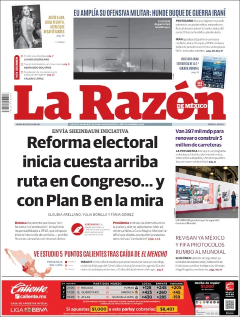 Portada de La Razon del jueves, 5 de marzo de 2026
