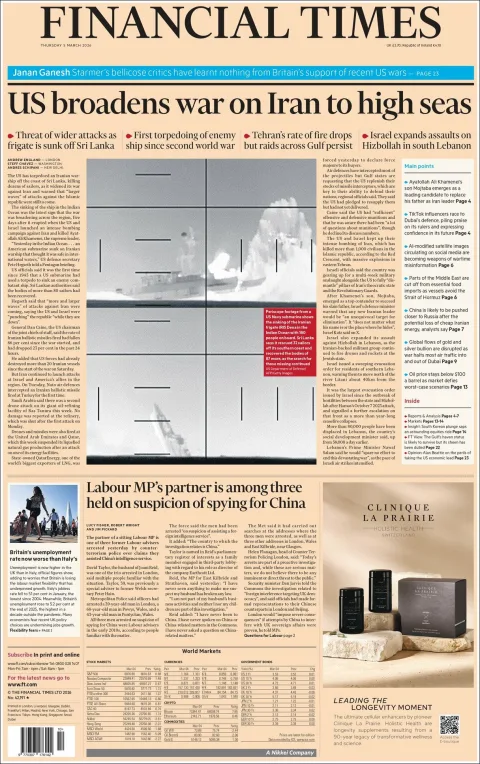 Portada de Financial Times del jueves, 5 de marzo de 2026