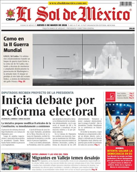 Portada de El Sol de Mexico del jueves, 5 de marzo de 2026