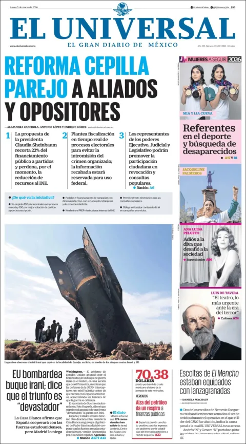 Portada de El Universal del jueves, 5 de marzo de 2026