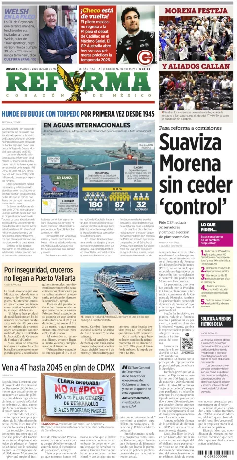 Portada de Reforma del jueves, 5 de marzo de 2026