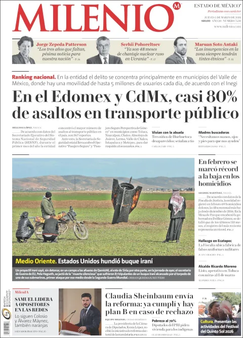 Portada de Milenio Edo de Mexico del jueves, 5 de marzo de 2026