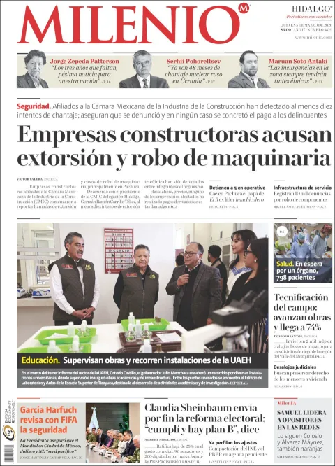 Portada de Milenio Hidalgo del jueves, 5 de marzo de 2026