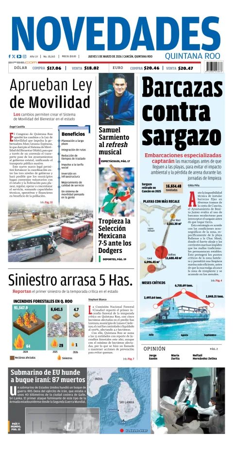 Portada de Novedades Quintana Roo del jueves, 5 de marzo de 2026