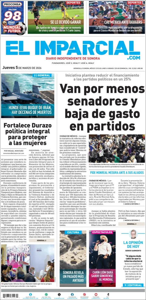 Portada de El Imparcial del jueves, 5 de marzo de 2026