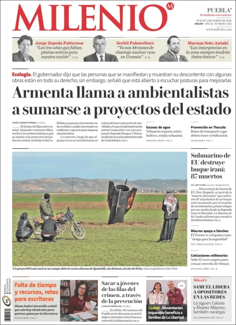 Portada de Milenio Puebla del jueves, 5 de marzo de 2026