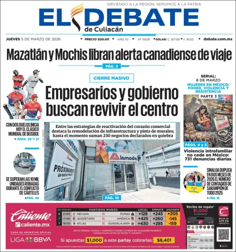 Portada de El Debate de Culiacan del jueves, 5 de marzo de 2026
