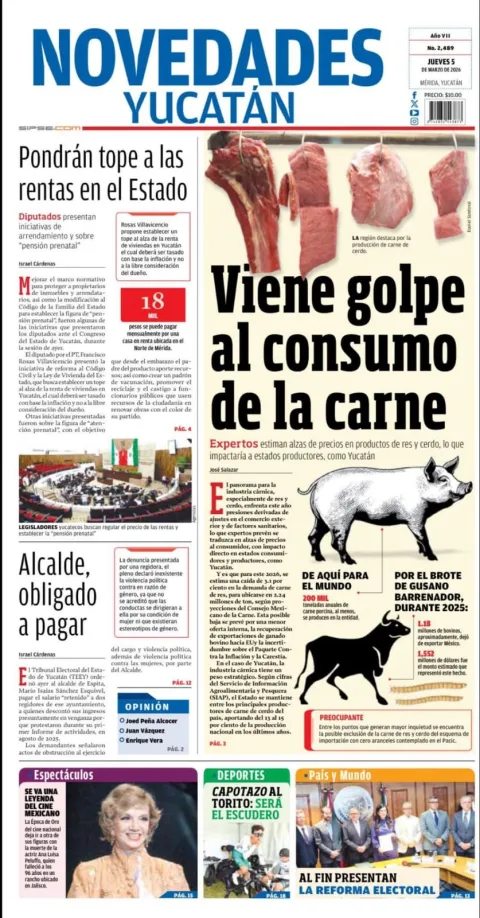 Portada de Novedades Yucatan del jueves, 5 de marzo de 2026