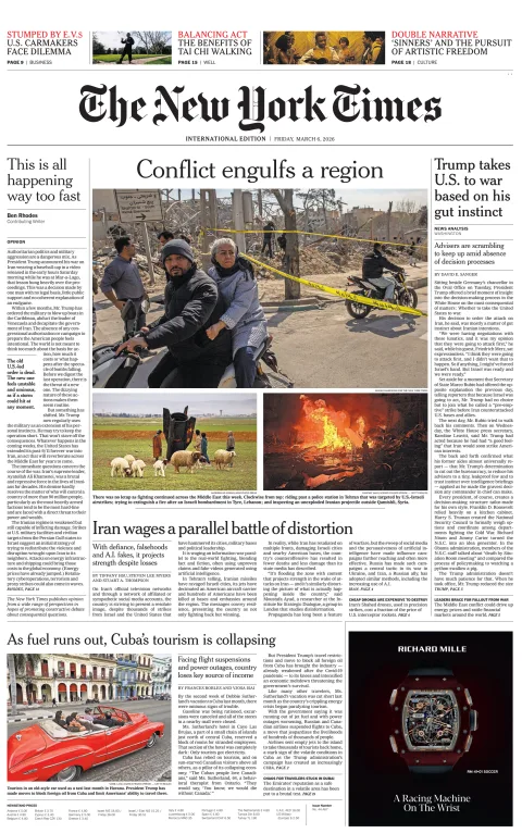 Portada de The New York Times (international) del viernes, 6 de marzo de 2026