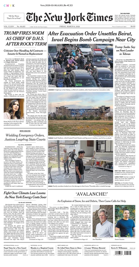 Portada de The New York Times (national) del viernes, 6 de marzo de 2026