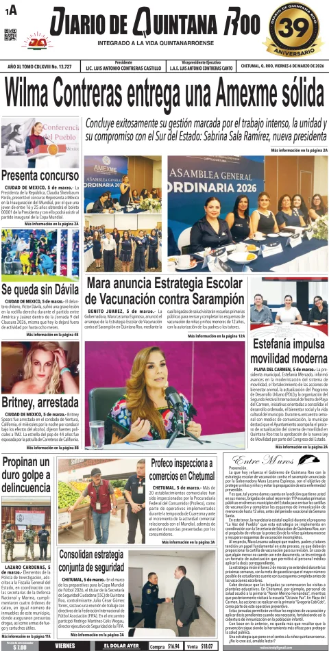 Portada de Diario de Quintana Roo (portada) del viernes, 6 de marzo de 2026