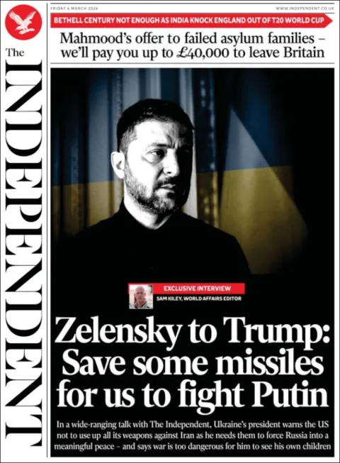 Portada de The Independent del viernes, 6 de marzo de 2026