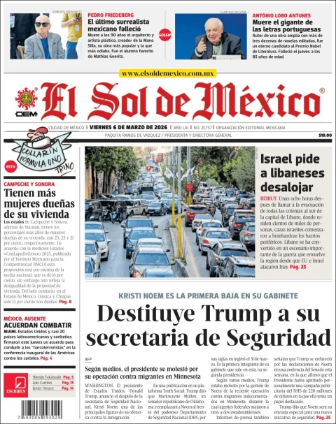 Portada de El Sol de Mexico del viernes, 6 de marzo de 2026