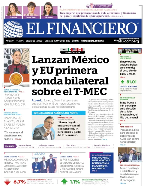 Portada de El Financiero del viernes, 6 de marzo de 2026