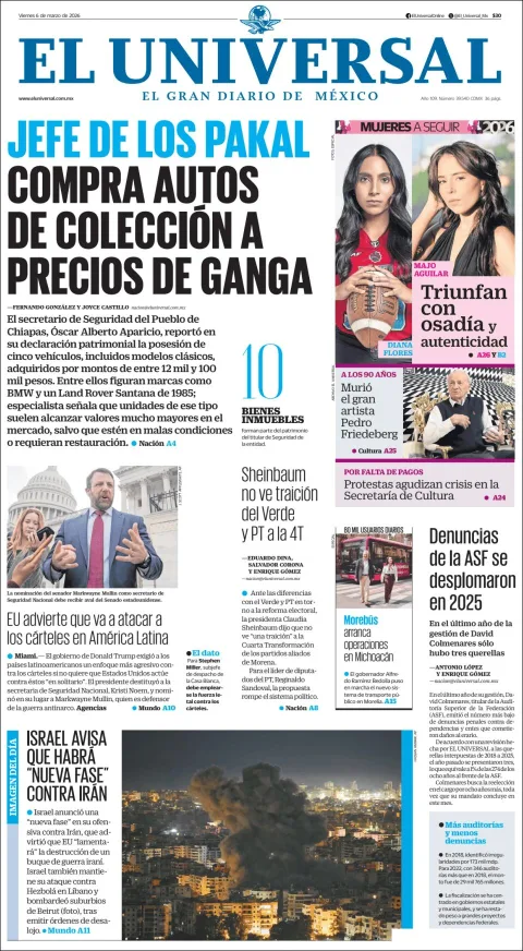 Portada de El Universal del viernes, 6 de marzo de 2026