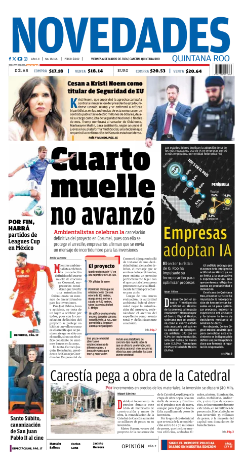 Portada de Novedades Quintana Roo del viernes, 6 de marzo de 2026