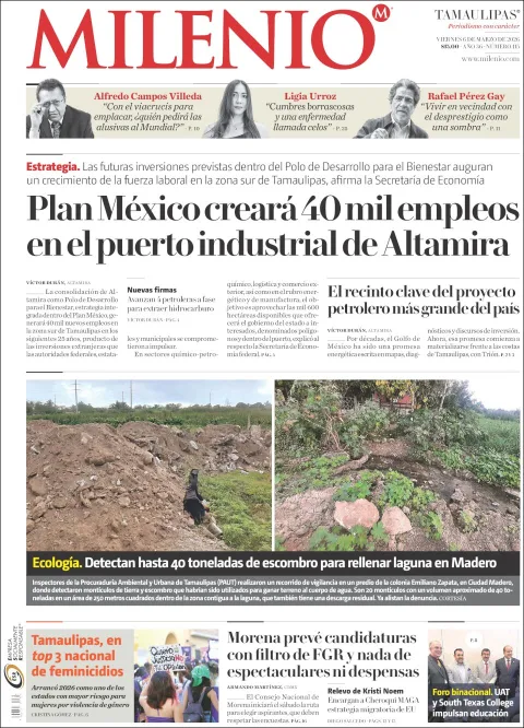 Portada de Milenio Tamaulipas del viernes, 6 de marzo de 2026