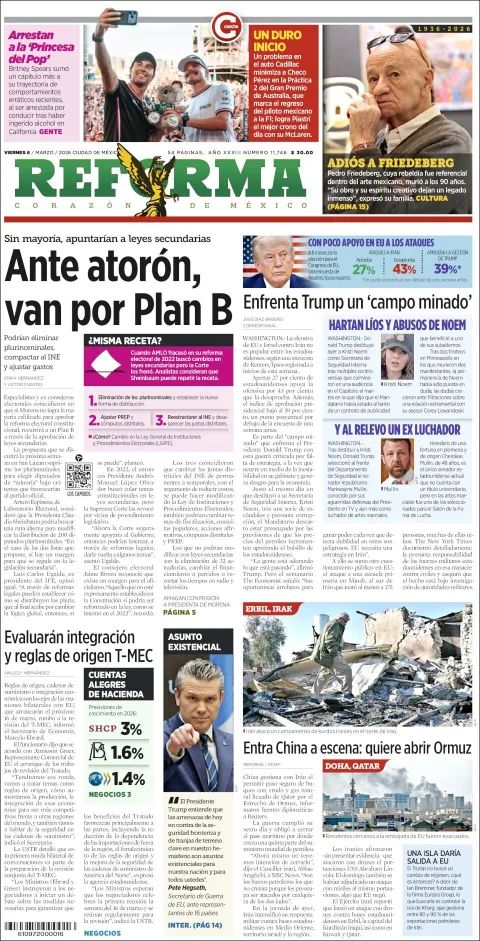 Portada de Reforma del viernes, 6 de marzo de 2026