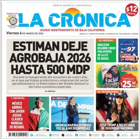 Portada de La Cronica del viernes, 6 de marzo de 2026