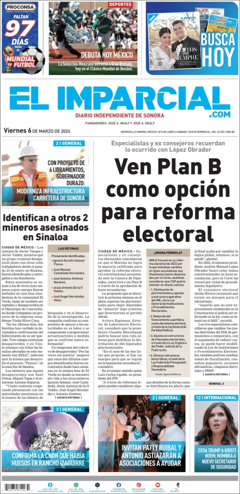 Portada de El Imparcial del viernes, 6 de marzo de 2026
