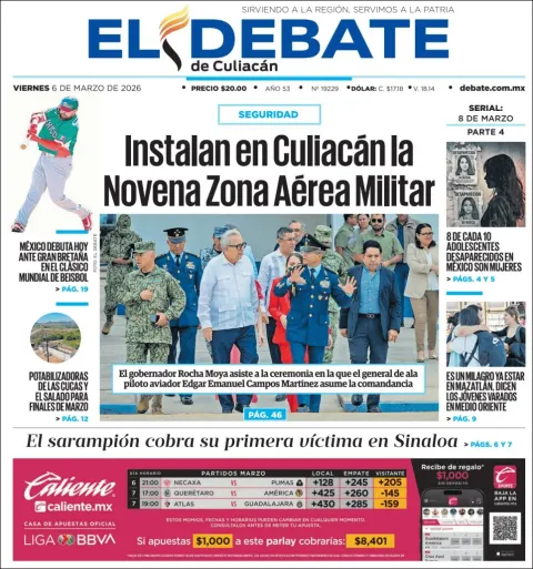 Portada de El Debate de Culiacan del viernes, 6 de marzo de 2026