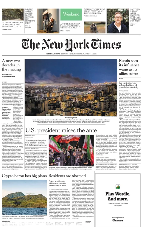 Portada de The New York Times (international) del sábado, 7 de marzo de 2026