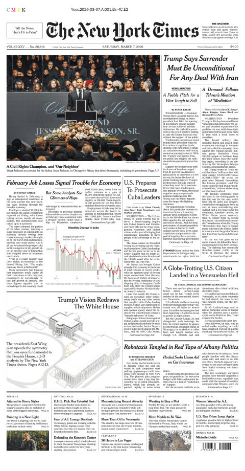 Portada de The New York Times (national) del sábado, 7 de marzo de 2026
