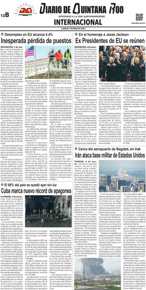 Portada de Diario de Quintana Roo (contra Portada) del sábado, 7 de marzo de 2026
