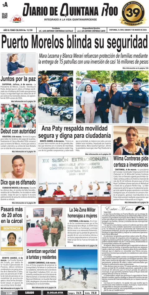 Portada de Diario de Quintana Roo (portada) del sábado, 7 de marzo de 2026