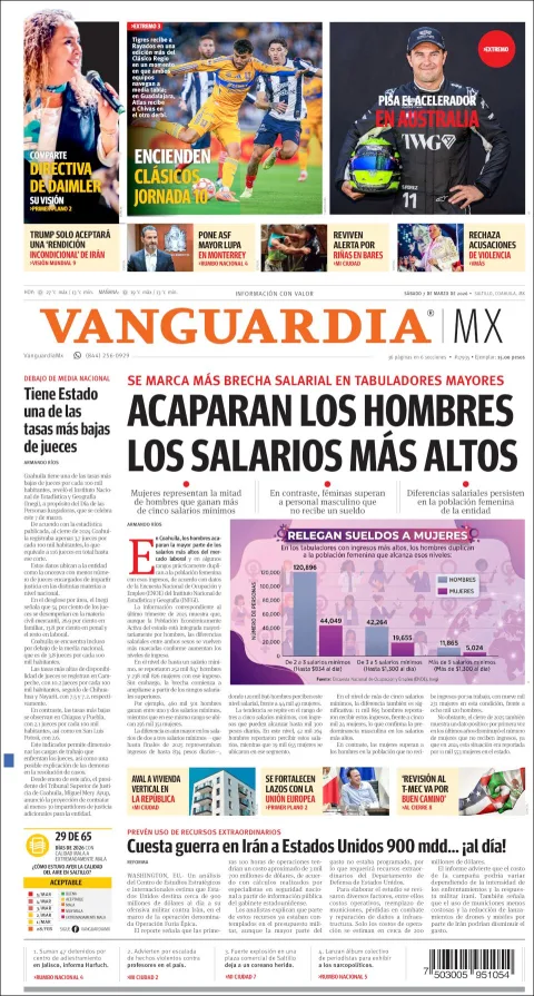 Portada de Vanguardia del sábado, 7 de marzo de 2026