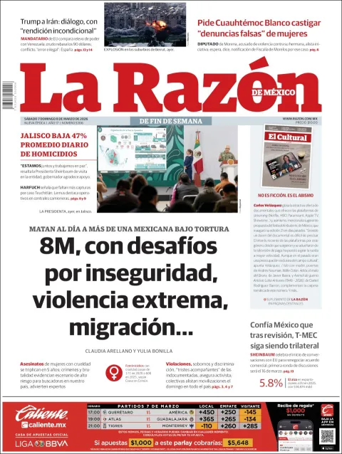Portada de La Razon del sábado, 7 de marzo de 2026