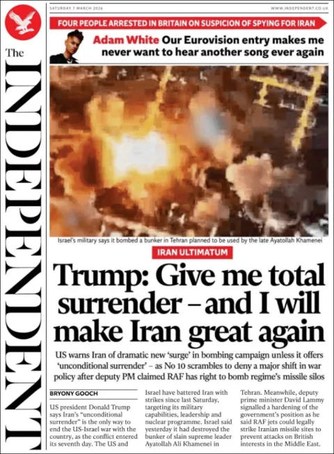 Portada de The Independent del sábado, 7 de marzo de 2026