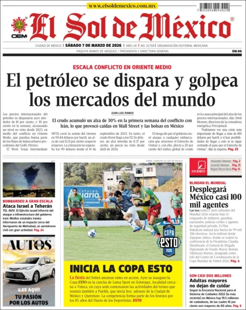 Portada de El Sol de Mexico del sábado, 7 de marzo de 2026