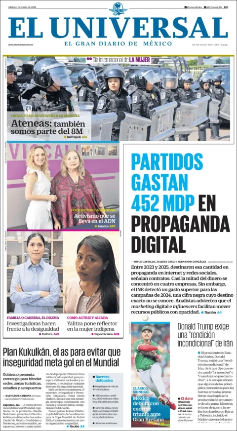 Portada de El Universal del sábado, 7 de marzo de 2026