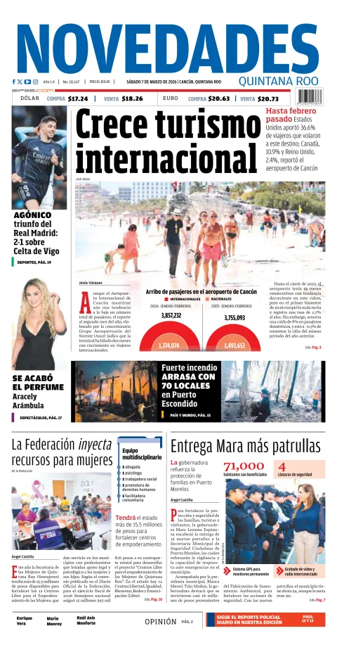 Portada de Novedades Quintana Roo del sábado, 7 de marzo de 2026