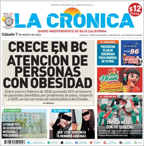 Portada de La Cronica del sábado, 7 de marzo de 2026