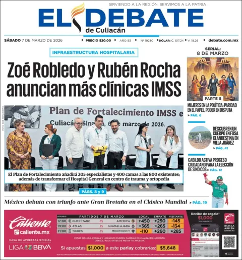 Portada de El Debate de Culiacan del sábado, 7 de marzo de 2026